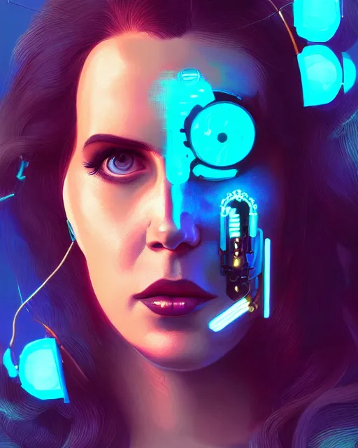 Prompt: portrait of lana del rey as a cyberpunk cyborg. rose on mouth, sci - fi, missing panels, intricate abstract upper body intricate artwork, by tooth wu, wlop, beeple, dan mumford. concept art, octane render, deviantart, greg rutkowski, cinematic, key art, hyperrealism, iridescent accents