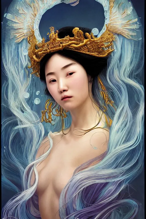 Prompt: a beautiful young woman, Queen of the Sea Mu Yanling, long flowing white hair, blue and yellow robe that resembles floating wings, water flowing and floating around, young female face, liquid magic, cinematic top lighting, insanely detailed and intricate, face by Artgerm, design by Alphonse Mucha, Kuvshinov Ilya, Irakli Nadar, render by krenz cushart, golden ratio, symmetrical proportions, elegant, ornate, luxury, elite, matte painting, MTG, magic the gathering, trending on artstation, cinematic, cgsociety, 8k, high resolution,