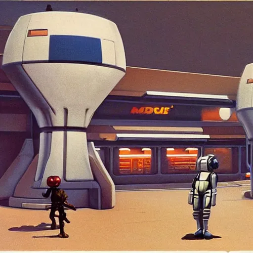 Image similar to ralph mcquarrie concept art of a futuristic mcdonalds. a space station is seen off in the distance with various droids and people walking in the foreground. a trooper is seen holding a brown mcdonalds bag.