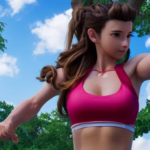 Prompt: aerith gainsborough with gains from the gym. high detail sharp detail 4k UHD v-ray artwork, official media