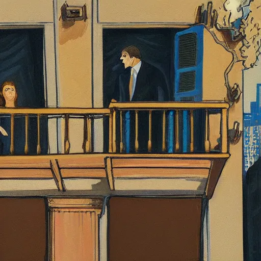 Image similar to painting of a rich man and woman sitting on the balcony of an apartment building in nyc watching the people below as they run away from zombies