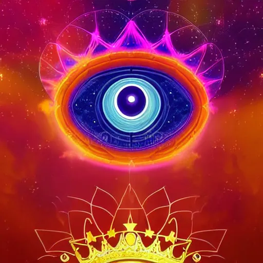 Prompt: a glowing crown sitting on a table with one beautiful eye mounted on it like a jewel, night time, vast cosmos, fractal light rays, bold black lines, flat colors, minimal psychedelic 1 9 7 0 s poster illustration