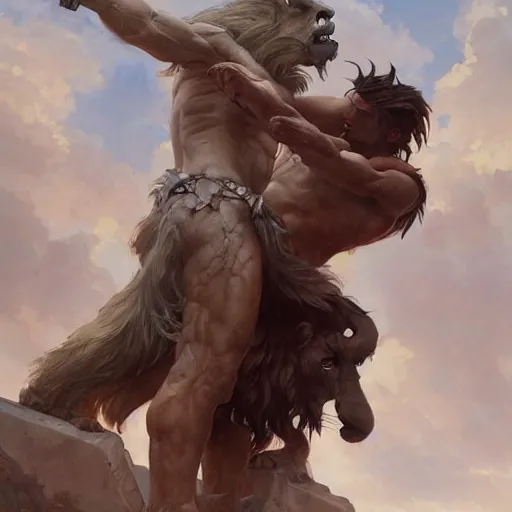 Image similar to Heracles strangling the Nemean Lion, digital painting, detailed, artstation, Krenz Cushart, Greg Rutkowski, Alphonse Mucha, Artgerm