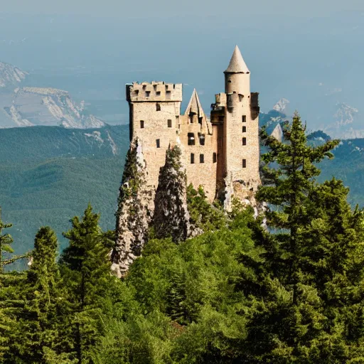 Prompt: Castle on top of a mountain, mountain top castle, medieval castle, in the distance, taken from afar, 8k, photography