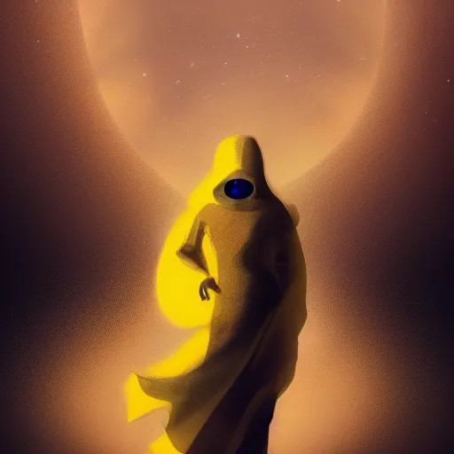 Image similar to award - winning. trending on artstation. 4 k. eerie tone. a figure wearing layered yellow robes standing in front of a black hole in space. dark background. in the style of cedric peyravernay. full - body