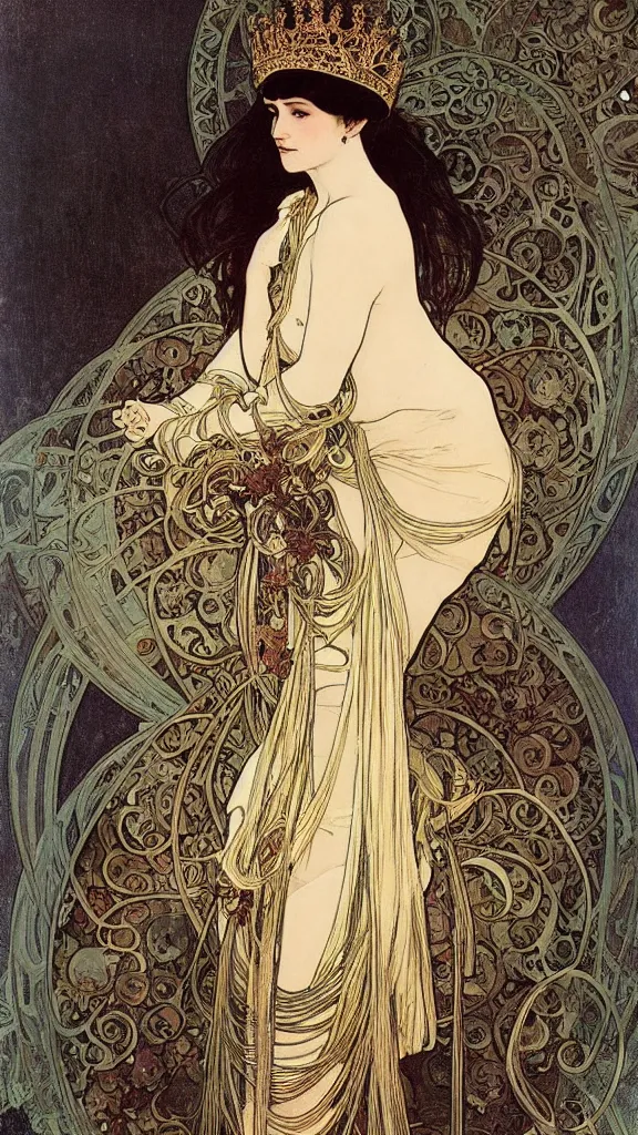 Image similar to portrait of a beautiful black haired woman with pale skin and a crown on her head sitted on an intricate metal throne, artwork by alphonse mucha