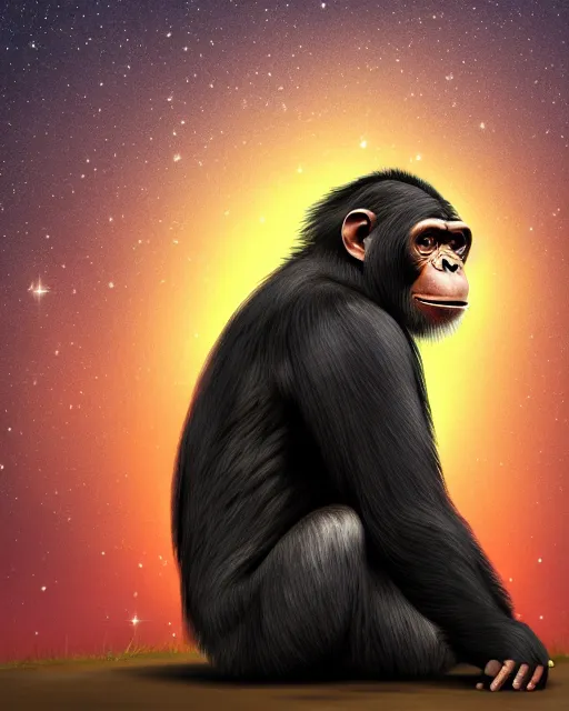 Image similar to very detailed high resolution illustration of a buff chimpanzee, backlit, stars, night, surrounded, 3 d, 8 k, extremely detailed, artstation, award winning