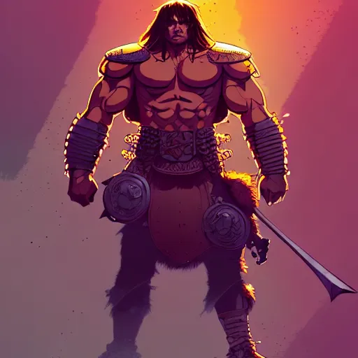 Image similar to cell shaded cartoon, a portrait of a fully armored conan the barbarian, illustration, wide shot, subtle colors, concept art by josan gonzales and wlop, laurie greasley, jordan grimmer and james jean, highly detailed, sharp focus, trending on artstation, hq, deviantart, art by artgem