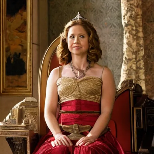 Image similar to Jenna Fischer in Roman queen clothes, sitting on throne, holding court, Norman Rockwell