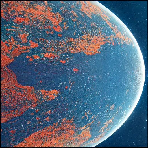 Image similar to beautiful sentinel satellite shot of a terraformation with consistent color scheme and complex patterns veining the ground, photorealistic, very high quality, octane render, 8 k