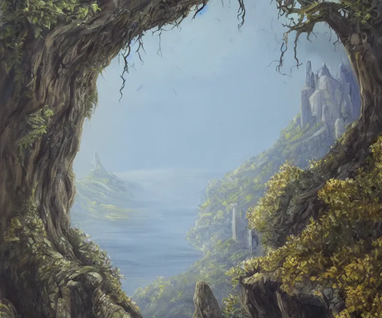 Image similar to medieval fantasy artwork. woodland with cliffs in the background. on top of the cliffs is a castle made of pure blue light. oil on canvas.