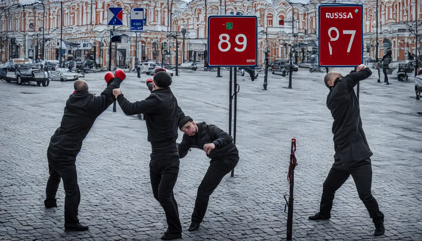 Image similar to picture of russian man punching a street sign, very detailed, 8 k