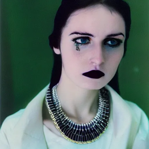 Image similar to medium shot, color slide Kodak Ektachrome E100, studio photographic portrait of Death as a young, attractive, friendly, gorgeous, pale, goth, girl in her 20s, wears a Egyptian Ankh Pendant Necklace, casual clothes, blue hour, Nikon camera, 75mm lens, f/2.8 aperture, HD, hi-res, hi resolution, deep depth of field, sharp focus, rich deep moody colors, masterpiece image, intricate, realistic, elegant, highly detailed, Shutterstock, Curated Collections, Sony World Photography Awards, Pinterest, by Annie Leibovitz