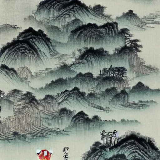 Image similar to beautiful landscapes in the style of Cheng Jiasui (程嘉燧, 1565–1643), Chinese landscape painter and poet