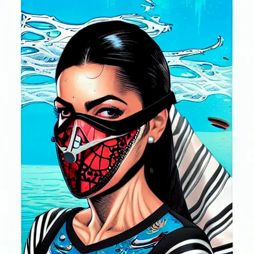 Image similar to a profile photo of a persian woman with a diving mask with side profile blood in ocean intricate details by MARVEL comics and Sandra Chevrier-C