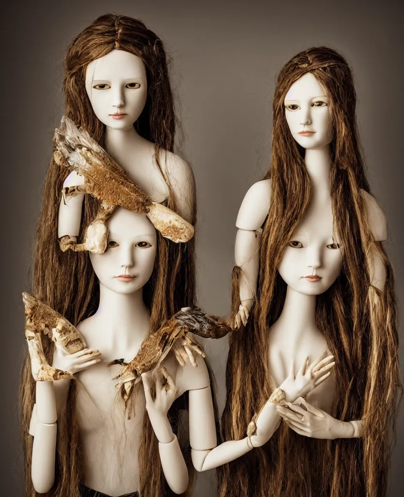 Image similar to head and shoulders portrait of a beautiful female mannequin, jointed wooden dolls with long flowing hair, holding each other, holding a large moth in her hands, beautifully disturbing, gothic, taxidermy, by Nina Masic by Flora Borsi