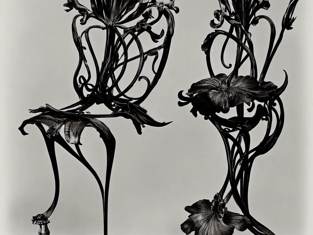 Image similar to flaming gothic chair in the shape of a iris flower. karl blossfeldt, salvador dali