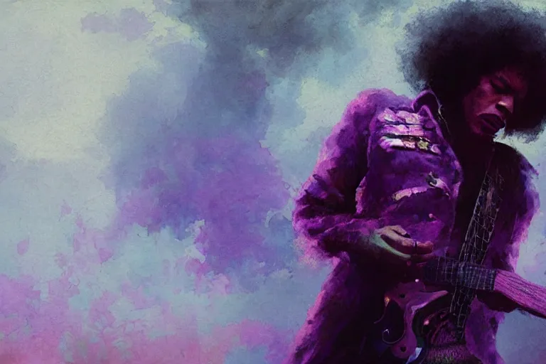 Image similar to jimi hendrix transforming into a purple haze, soft, sharp focus, detailed, artwork by greg rutkowski
