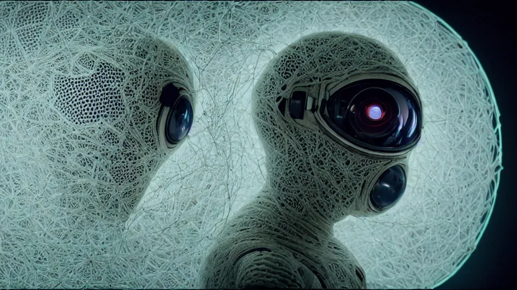 Image similar to a cybernetic symbiosis of a single astronaut eva suit made of wearing knitted yarn thread infected with diamond 3d fractal lace iridescent bubble 3d skin covered with insectoid compound eye camera lenses floats through the living room, film still from the movie directed by Denis Villeneuve with art direction by Salvador Dalí, wide lens,