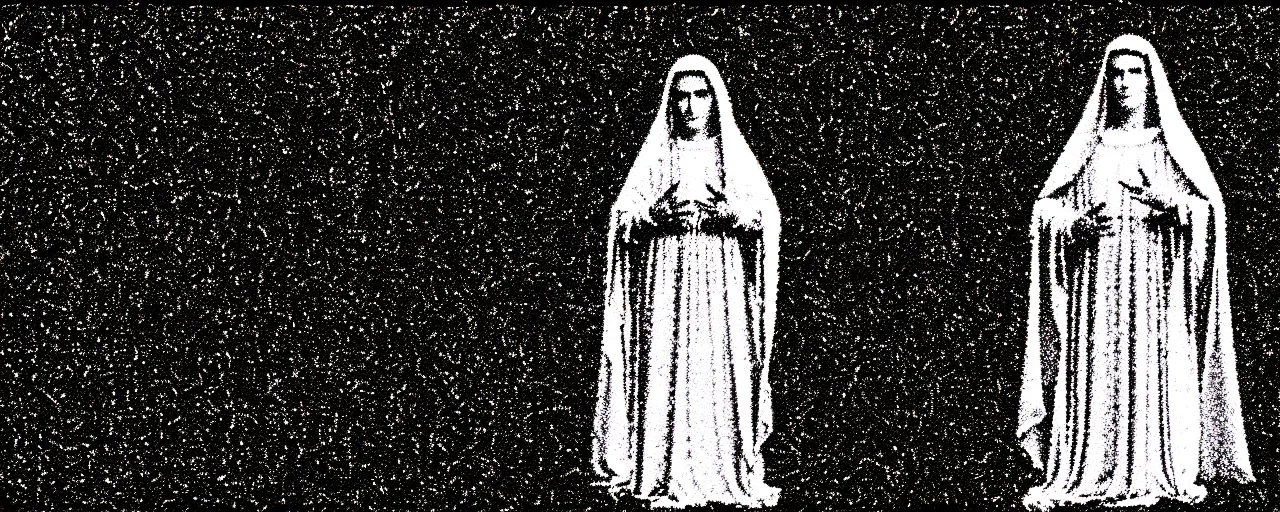 Image similar to vhs static overlay of marian apparition, vhs, 1 9 9 0, highly realistic, highly detailed, vhs noise static, black and white, vhs glitch