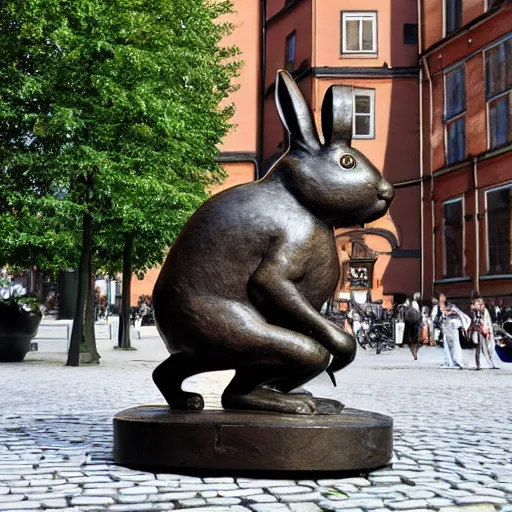 Prompt: a bronze statue of a rabbit, in stockholm, photograph