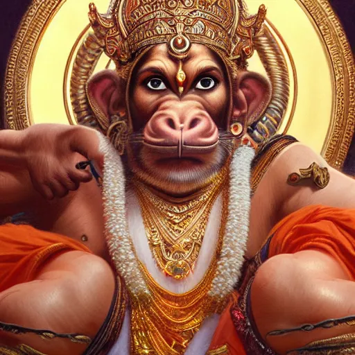 Image similar to ultra realistic illustration, lord hanuman, hindu god, intricate, elegant, highly detailed, digital painting, artstation, concept art, smooth, sharp focus, illustration, art by artgerm and greg rutkowski and alphonse mucha