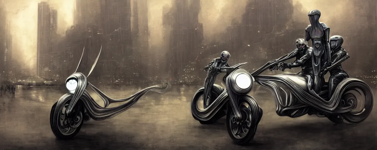 Prompt: nikola tesla riding a futuristic motorbike designed by h. r. giger, nikola is driving through a city with heavy traffic, rule of thirds, uhd 8 k, high detail, masterpiece, cinematic, bokeh, hyperdetailed, photorealistic, hyperrealism, intricate, by stanley artgerm lau, greg rutkowski, moebius