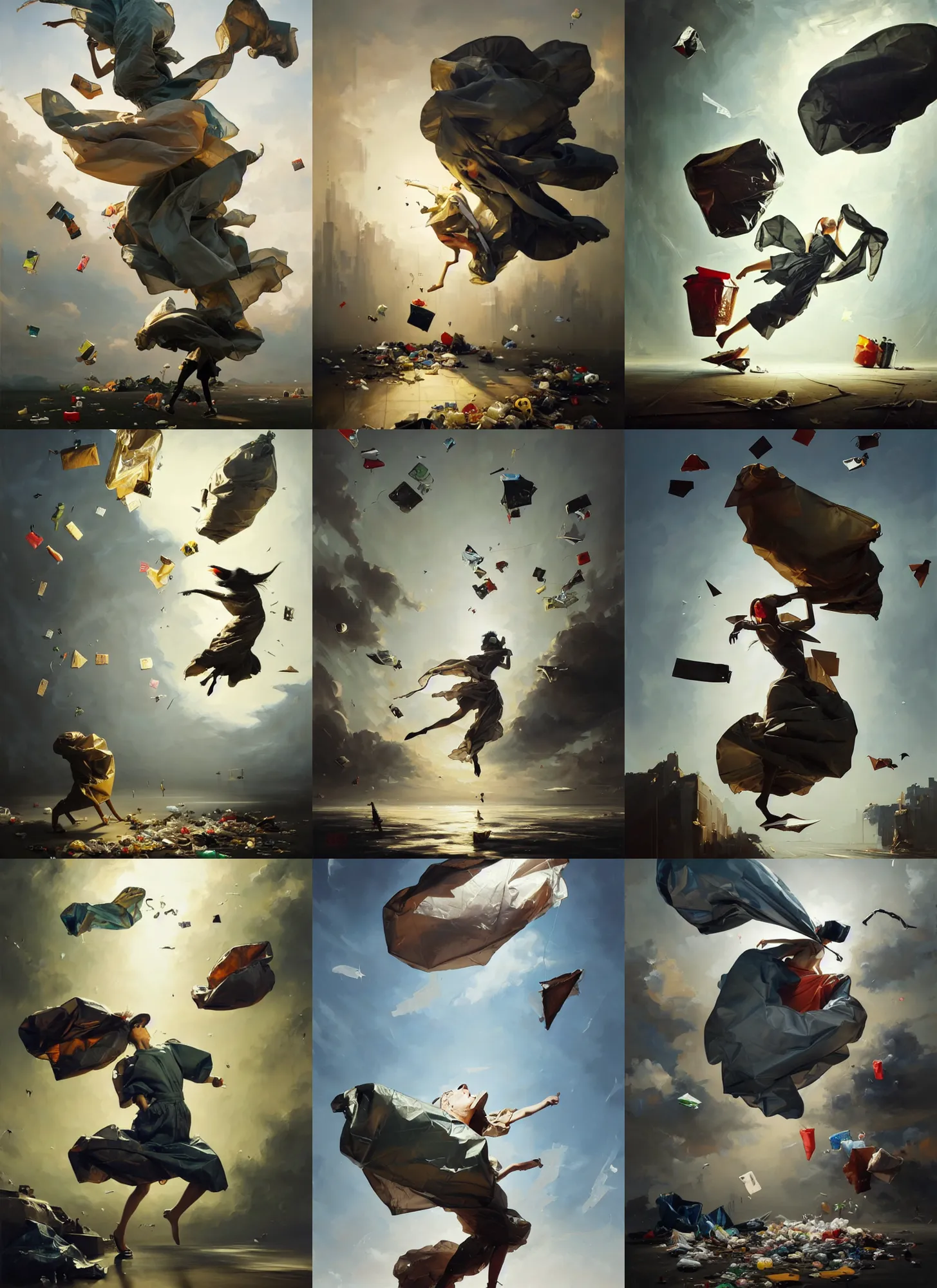 Prompt: fine art oil painting of a plastic garbage bag and garbage flying around, perspective, ultra detailed, elegant, intricate, dynamic lighting, hyperrealism, sharp focus, art by peter mohrbacher and ashley wood and andrei riabovitchev