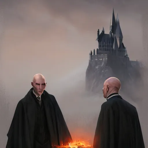 Prompt: portrait of voldemort and harry potter, exudes terror, castle, mysterious breath, spitfire, photography, hyperrealistic, by greg rutkowski, smooth, illustration, elegant, artstation, digital painting.