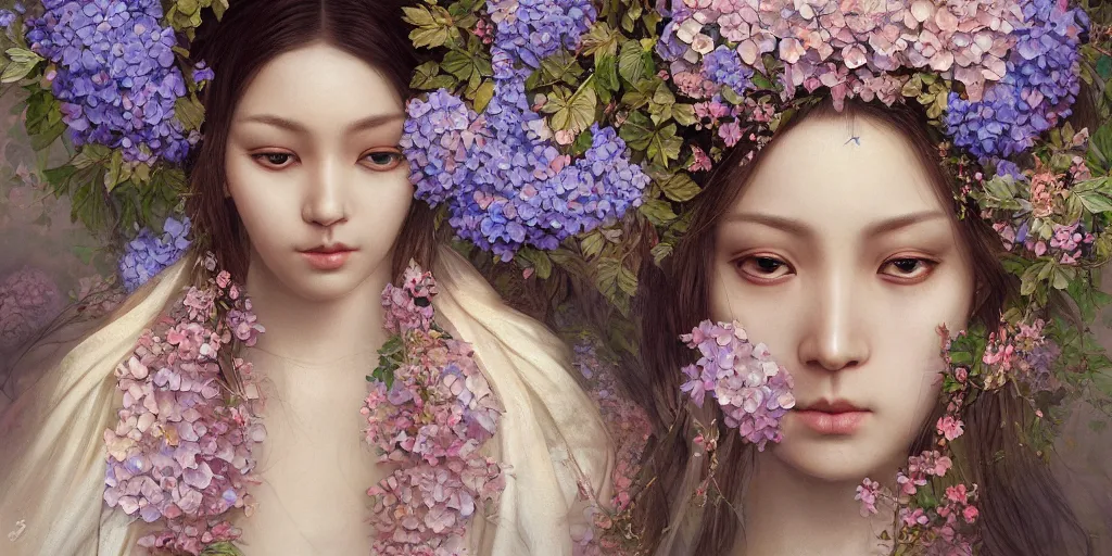 Image similar to breathtaking detailed concept art painting portrait of the goddess of hydrangea flowers, orthodox saint, with anxious piercing eyes, ornate background, amalgamation of leaves and flowers, by hsiao - ron cheng, extremely moody lighting, 8 k