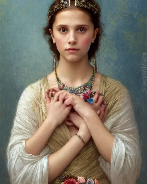 Image similar to a portrait painting of a shy, blushing 1 6 - year old alicia vikander or millie bobby brown as a princess with mouth open in awe, wearing tons of opal jewelry, intricate, elegant, highly detailed, artstation, concept art, by krenz cushart and donato giancola and william adolph bouguereau and alphonse mucha