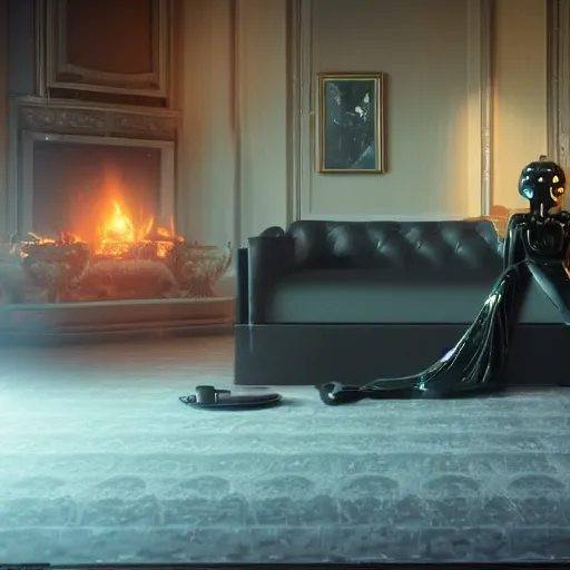 Image similar to Futuristic automaton reclining on a fainting couch in front of a large fireplace in a Victorian home in the future, octane render, extremely detailed, cinematic lighting, 8k, lens flare, cinematic movie photograph, closeup portrait, trending on artstation, cgsociety, award-winning art, by Simon Stalenhag