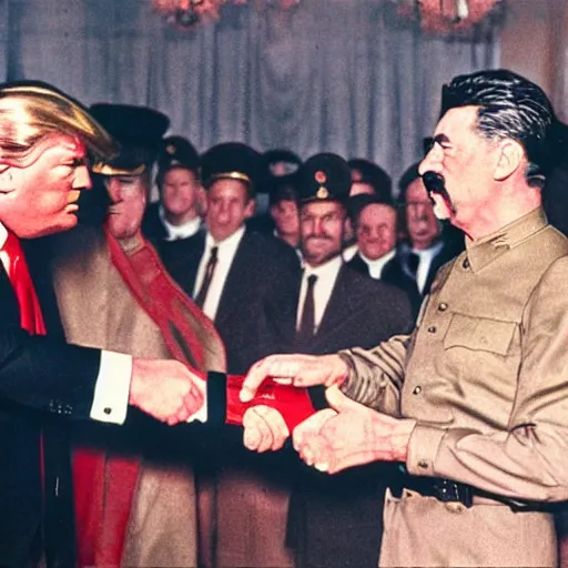 Image similar to photo of stalin and trump shaking hands, award winning photo, 3 5 mm camera, colour