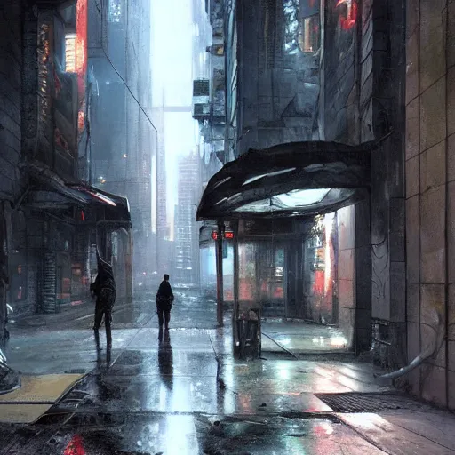 Image similar to doorway, empty sidewalk of a cyberpunk megacity, dramatic lighting, detailed background, gorgeous view, realistic, high detail, depth of field, lightrays, atmospheric, digital art, painted by greg rutkowski, painted by jeremy mann, trending on artstation