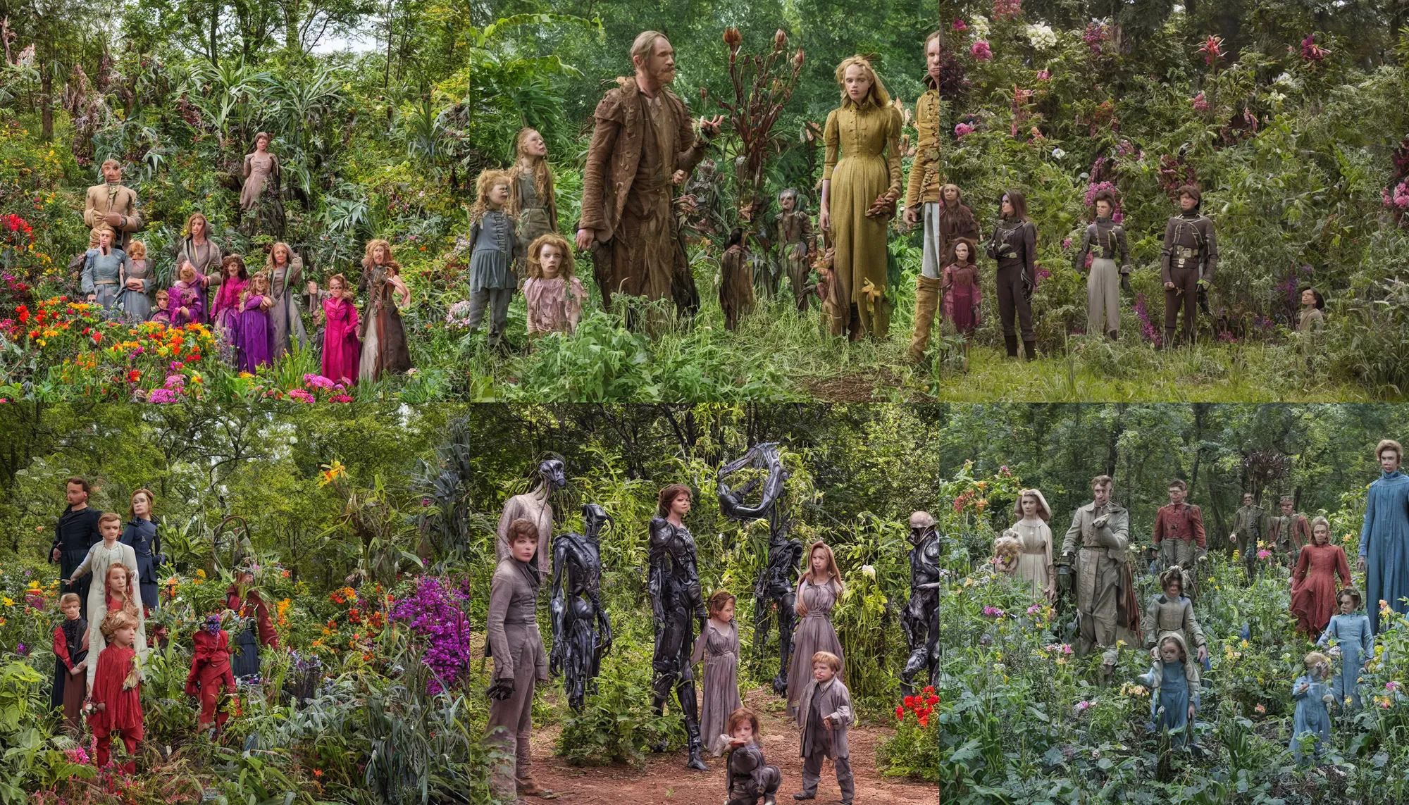 Prompt: sharp, highly detailed, 435456k film, 1612800mm film still from a sci fi blockbuster color movie made in 2019, set in 1860, of a family standing in a park, next to some strange alien plants and flowers, on an alien planet, the family are all wearing 1860s era clothes, good lighting, good photography, ultra high definition, in focus, 35mm macro lens