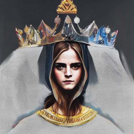 Image similar to full body emma watson wearing crown on head wearing designer hoodie by Sandra Chevrier by Richard Schmid by Jeremy Lipking by moebius by atey ghailan