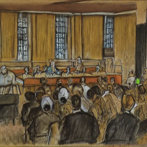 Image similar to shrek at nuremberg trials. court painting