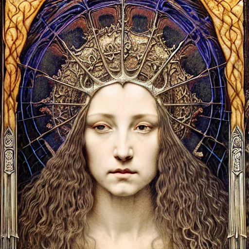 Image similar to detailed realistic beautiful young medieval queen face portrait by jean delville, gustave dore, iris van herpen and marco mazzoni, art forms of nature by ernst haeckel, art nouveau, symbolist, visionary, gothic, pre - raphaelite, horizontal symmetry