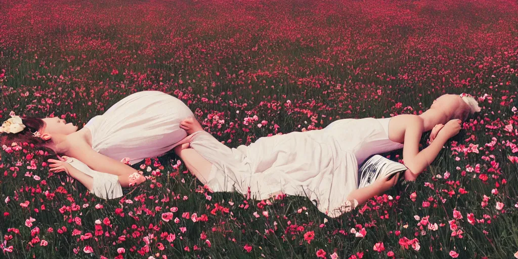 Image similar to a girl laying in a field of flowers reading a book, greg rutkowski, zabrocki, karlkka, jayison devadas, trending on artstation, 8 k, ultra wide angle, zenith view, pincushion lens effect
