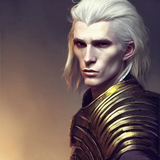 Prompt: character design, portrait of a attractive male with pale skin, long white hair and proeminent cheekbones, medieval, dark armor, painting by wlop, nixeu and greg rutkowski, beautiful, cgsociety, semirealism, artstation, octane render, sharpness, 8 k, golden ratio