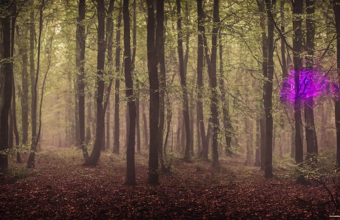 Image similar to purple forest, glowing beetle, sigma lens, strong bokeh, photography, highly detailed, 8 5 mm, f / 1. 3, foggy, dramatic lighting, 4 k