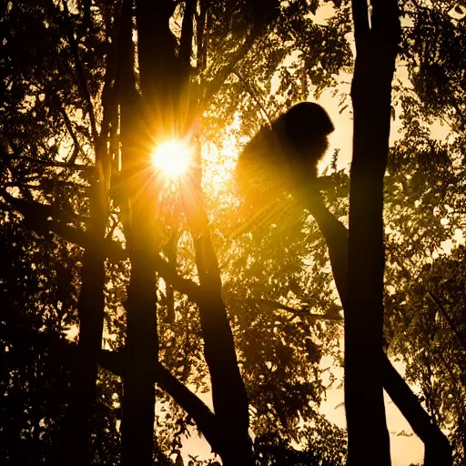 Prompt: portrait photo, rim light around fur of an ape on a tree, silhoutte, dim light, golden hour, tree top, dslr award winning photo, nikon