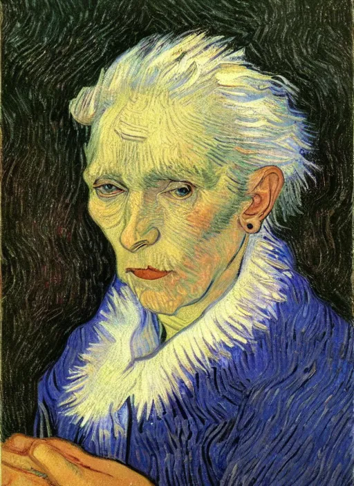 Image similar to portrait of a tired old woman with white hair by van gogh, detailed face, symmetrical painting, beautiful expressionist oil painting masterpiece, 8 k resolution, smooth, sharp focus, pastel color palette, trending on artstation