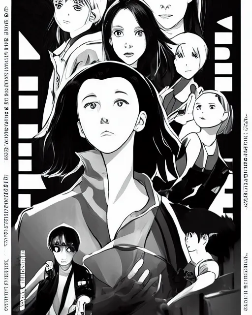 Image similar to Millie Bobby Brown in a black and white anime poster