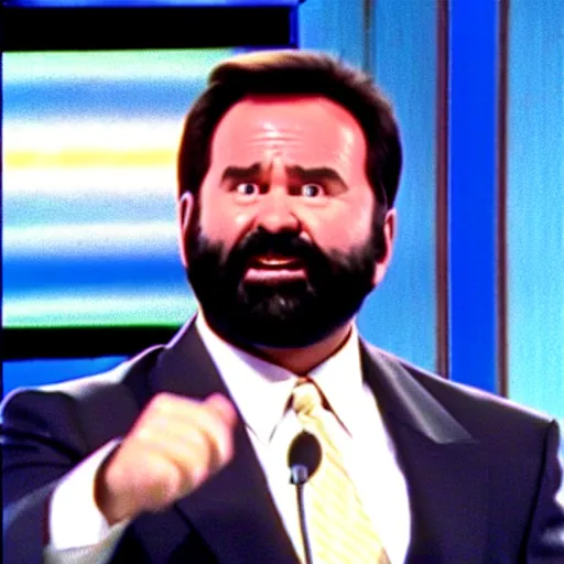 Image similar to Billy Mays hosting Jeopardy, VHS tape footage, 1991, the set of Jeopardy