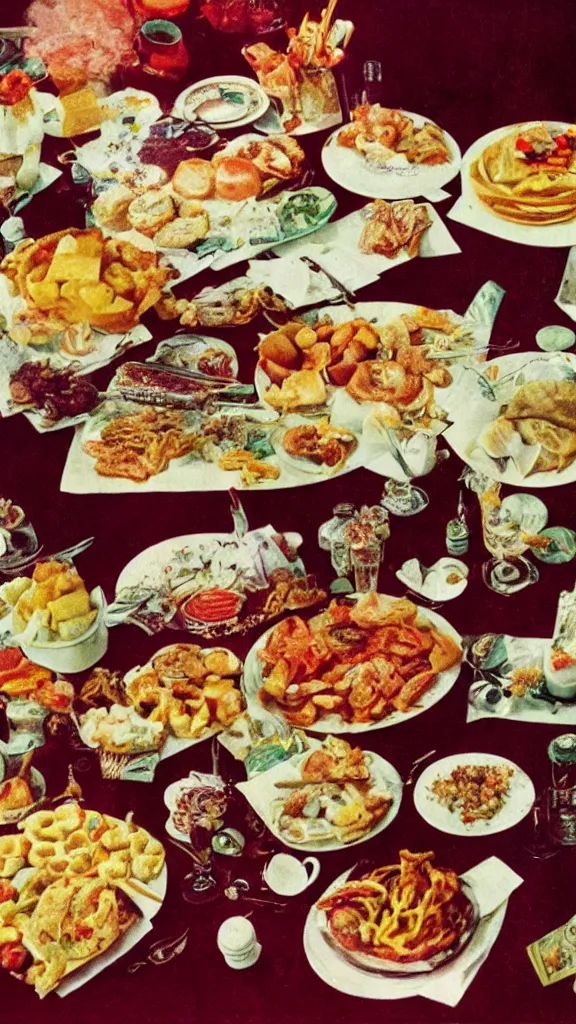 Prompt: 1 9 6 0 s food magazine photo of a lavish spread of disgusting and strange party foods, on a velvet table cloth, soft focus