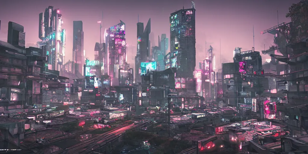 Image similar to outskirts of london, cyberpunk