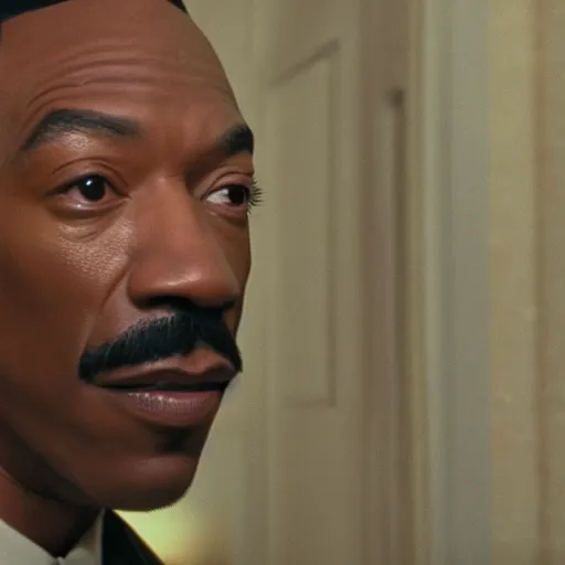 Prompt: a cinematic film still of Eddie Murphy starring in The Shining, portrait, 40mm lens, shallow depth of field, close up, split lighting, cinematic