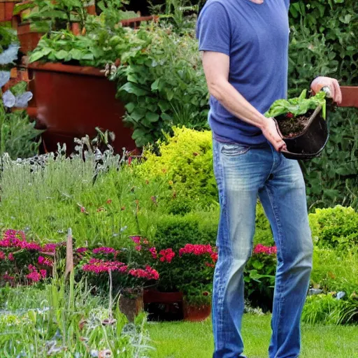 Prompt: Paul Bettany gardening at home