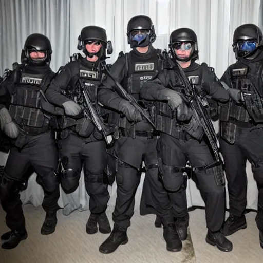 Prompt: An elite swat team in a dark hotel